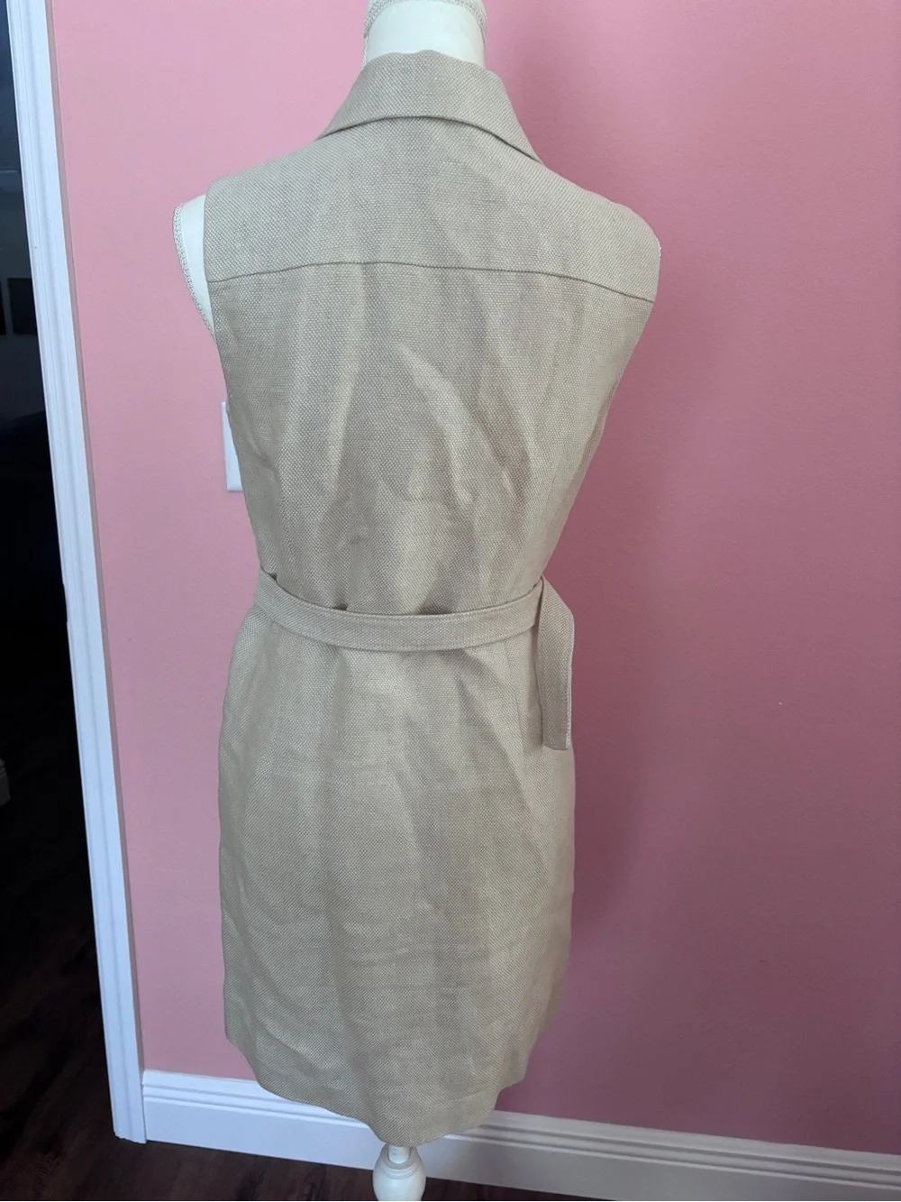 Theory Linen Blend Military Sleeveless Belted Mini Dress in Taupe - Picture 3 of 7